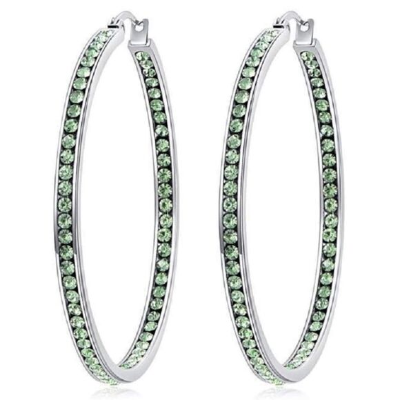 14K White Gold with Peridot Green Cubic Zirconia Big Hoop Latch Back Earrings - Picture 1 of 6